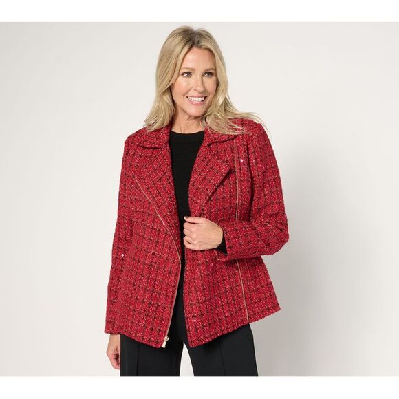 Susan Graver Women's Jacket Sz 16 Sequin Tweed Long-Sleeve Moto Red A672480 - Picture 1 of 4